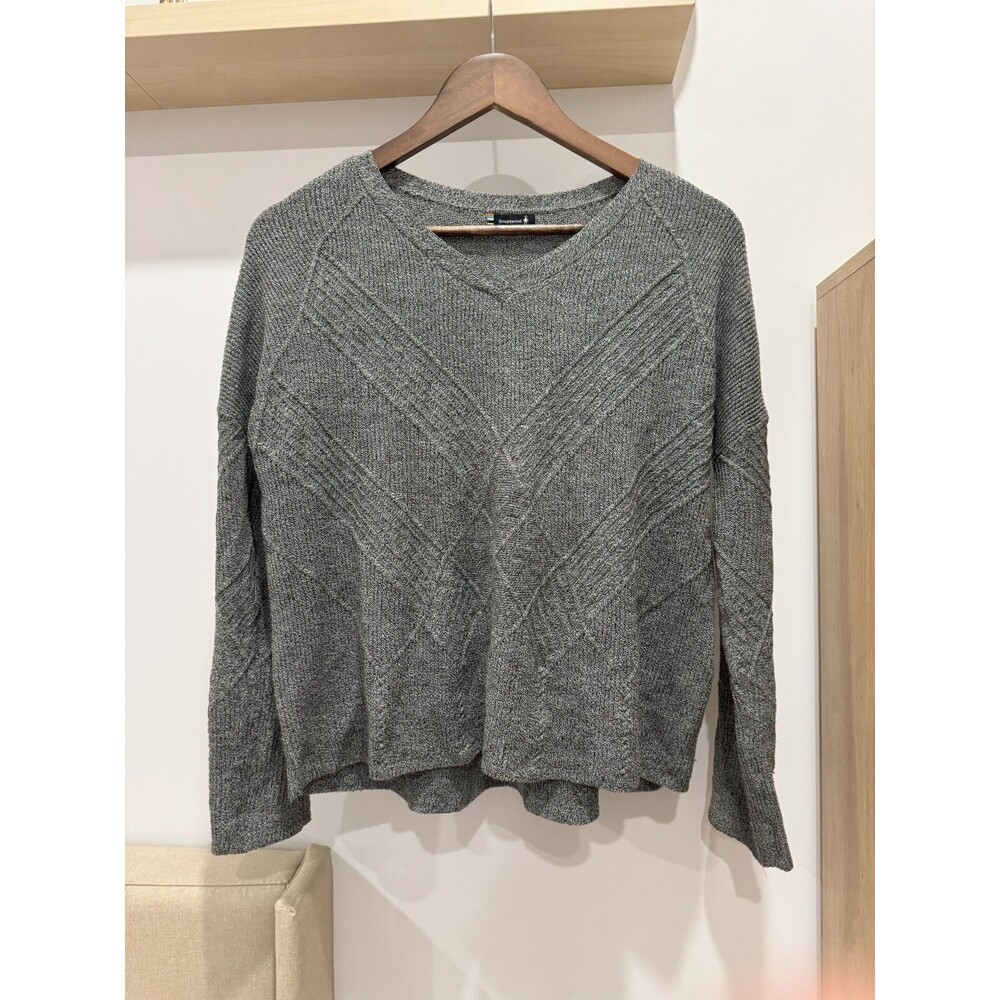 Smartwool Womens XS Gray V-Neck Wool Nylon Textured Shadow Pine Sweater Cable